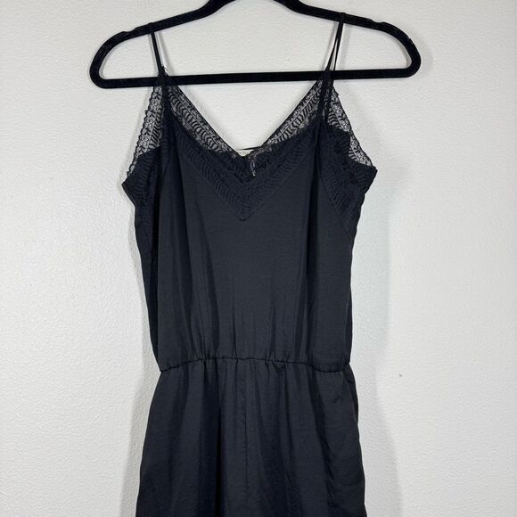 Maje Paulie Lace Trimmed Satin Jumpsuit Black Size 2 Medium Whimsigoth Romantic - Picture 2 of 7